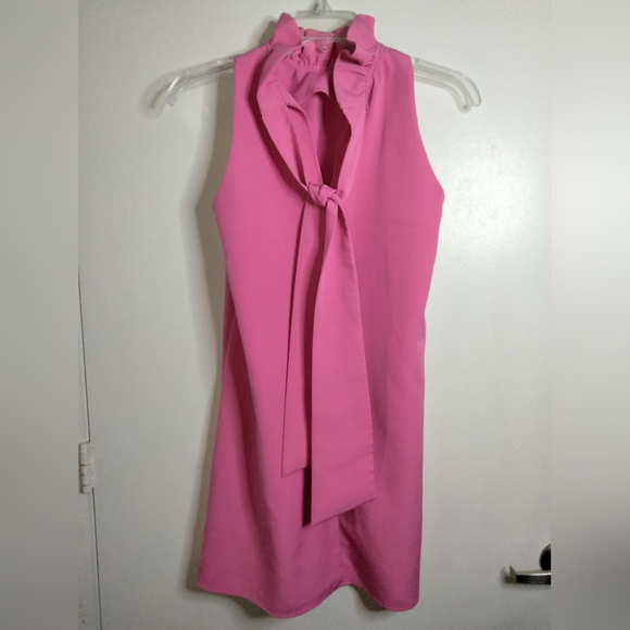 Tuckernuck (Sz M) Pink Ruffle Neck V-Back Tie Bow Sleeveless Shift Blythe Dress - Picture 4 of 10